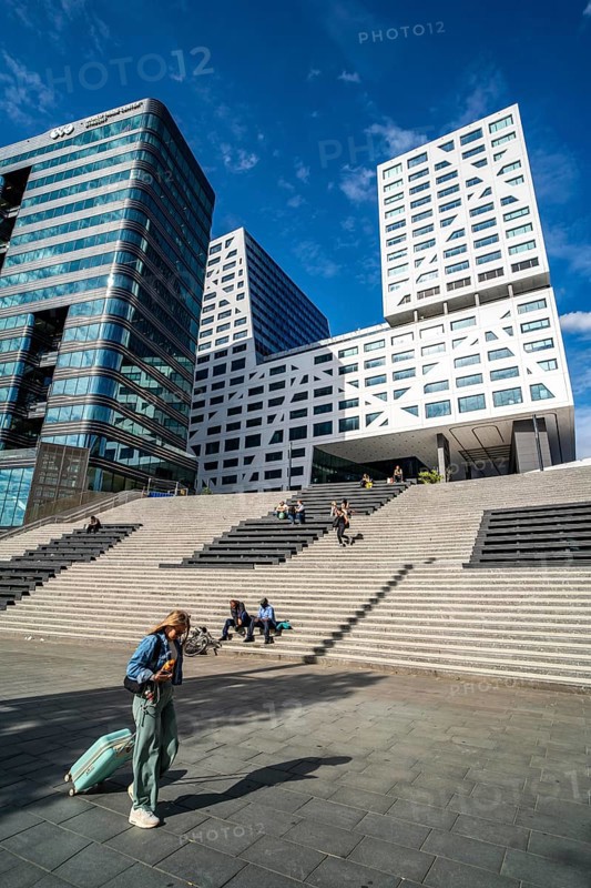 Skyline at Jaarbeursplein at Utrecht Centraal railway station, Stadskantoor building, municipal administration building for citizens, citizens' office, administrative services, municipal administration, office building to the left, World trade Centre, WTC building, stairs to station square, Utrecht Netherlands