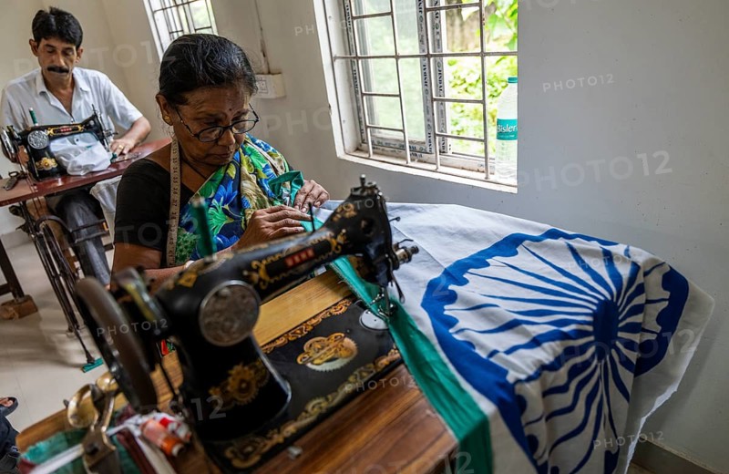 Employees of the Assam Khadi and Village Industries Board stitching in a manufacturing unit of Indian National Flags, ahead of 79th Independence Day, in Guwahati, India on 11 August 2025
