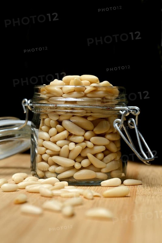 Pine nuts in glass containers, Pinus pinea