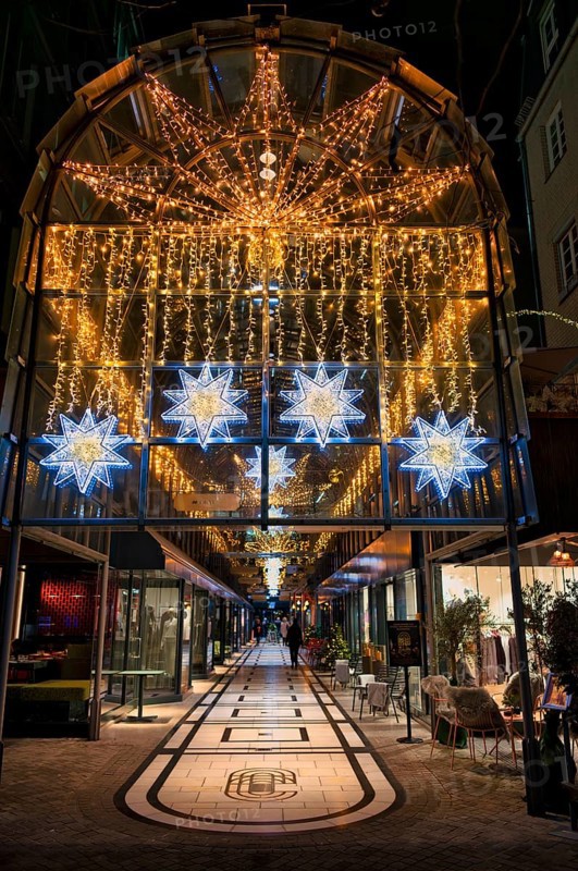 Night view, Calwer Passage, shopping mall, covered, decorated for Christmas, Stuttgart, Baden-Württemberg, Germany