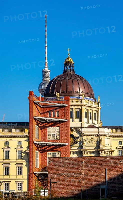 View of Schinkelplatz, Humboldt Forum and the Alexanderplatz TV Tower from Werderscher Markt, Berlin, Germany