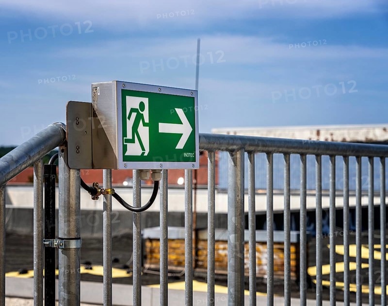 Note for an emergency exit on the roof of a public building, Potsdam, Brandenburg, Germany