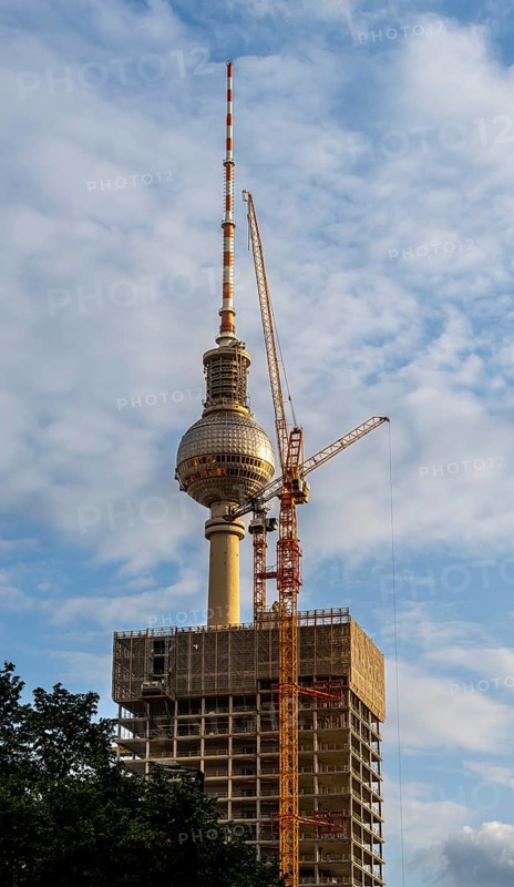 View of the television tower from Kleine Alexanderstraße, new office complex on Alexanderplatz in Berlin Mitte, Germany