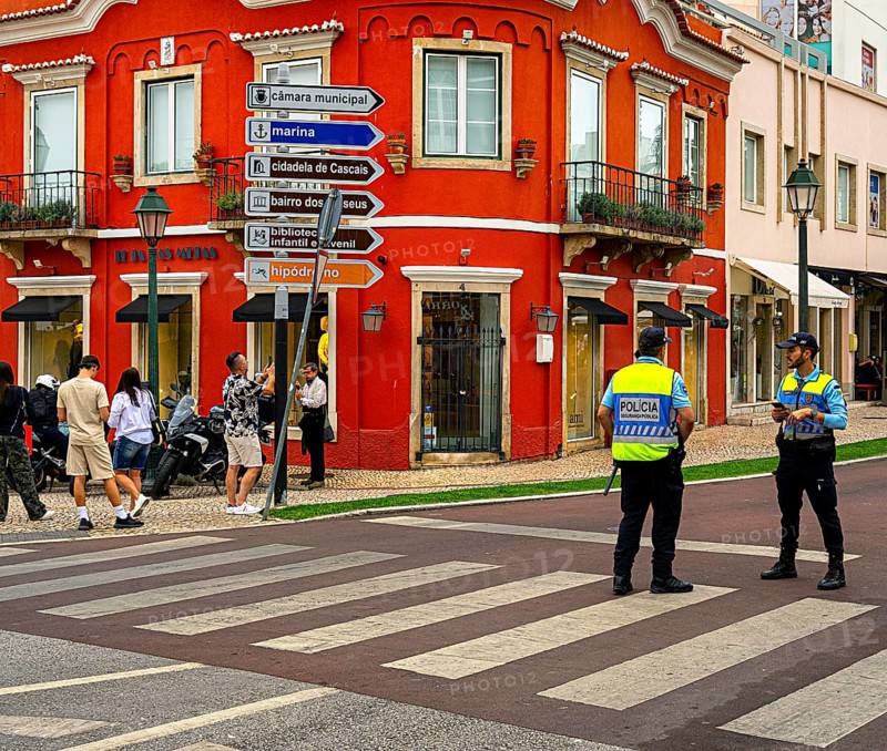 Police officers in uniform on the streets in the resort town of Cascais, Portugal