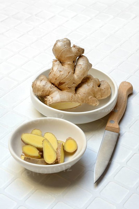 Ginger, ginger root and ginger slices in shell