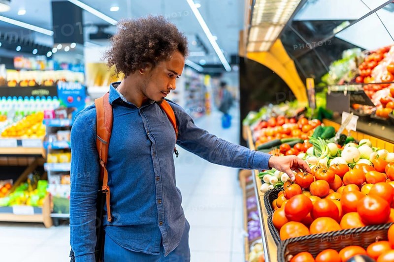 Young man wearing a blue shirt and backpack selecting fresh red tomatoes from the produce aisle, focusing on healthy food choices during his grocery shopping
