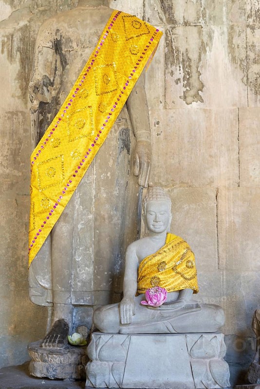 Sandstone Buddha statues, (Bhumispara mudra: Buddha Gautama in the moment of enlightenment), with tunic and lotus flower, Angkor Wat, Angkor Archaeological Park, Siem Reap, Cambodia