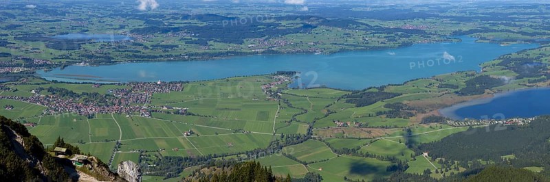 Panorama from Tegelberg, 1881m, on Schwangau, Waltenhofen, Hopfensee, Forggensee and Bannwaldsee, Ostallgäu, Bavaria, Germany