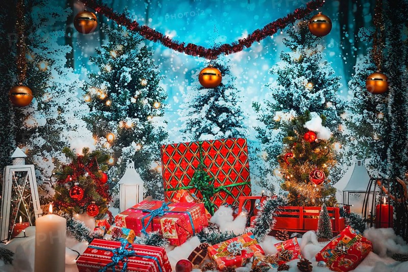 Festive scenery with gifts in front of snow-covered Christmas trees and lights