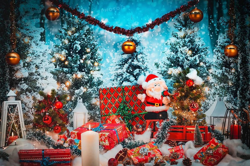 Christmas scene with Santa Claus surrounded by lights and gifts against a winter backdrop