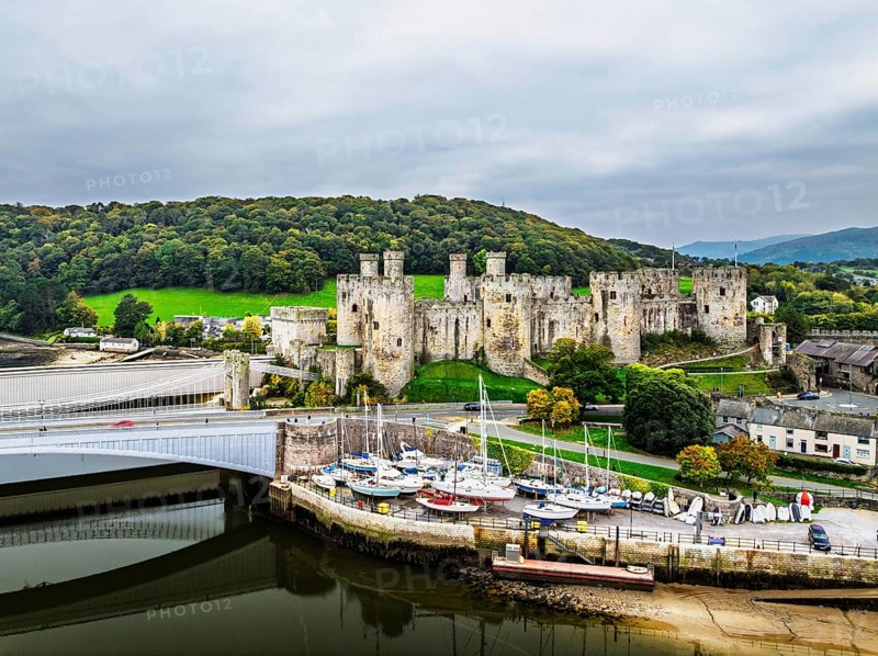 Conwy Castle over River Convy from a drone, Convy, North Wales, England, United Kingdom