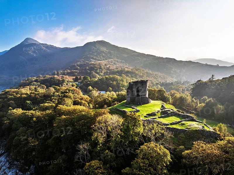 Autumn over Ruins of Dolbadarn Castle from a drone, Llanberis, Llywelyn, North Wales, UK