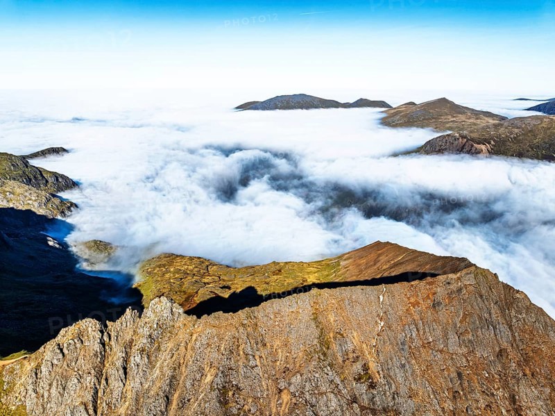 Snowdon Massif from a drone, Snowdon Range, Snowdonia, North Wales, UK