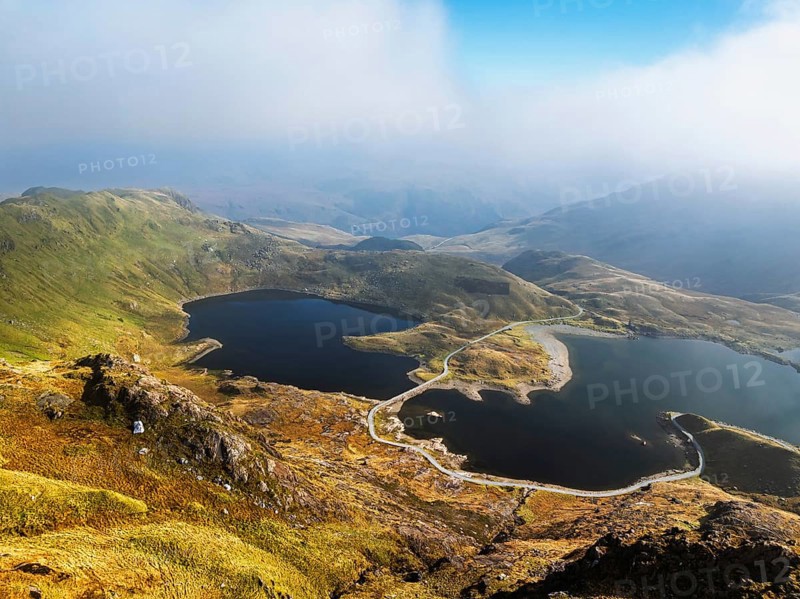 Pyg Track over Llyn Llydaw lake from a drone, Pen-y-Pass, mountain pass, Snowdonia, Gwynedd, north-west Wales, UK