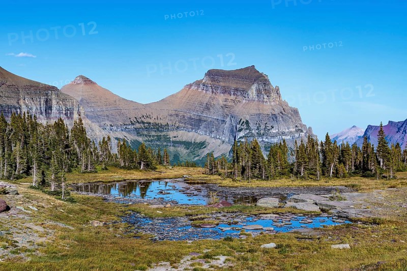 240905_111 Mountains colored by minerals rise up behind a pond along the Hidden Lake Overlook Trail from the Logan Pass Visitor Center in Glacier Natioinal Park, Montana, USA