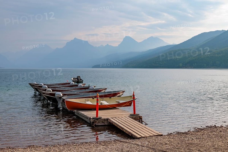 240903_057 Rental boats on a floating dock in Lake McDonald at Apgar Village in Glacier National Park, Montana, USA