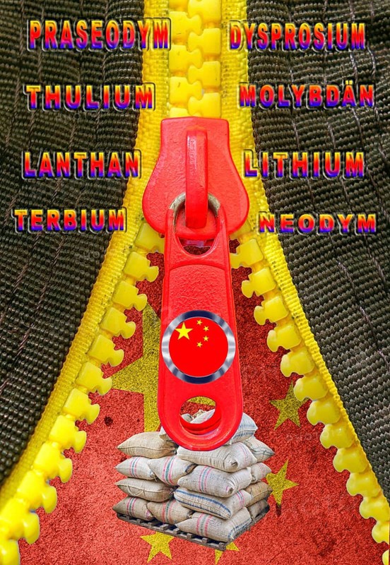 Symbolic image, economic relationship between Germany, EU and China, symbolic zipper open or closed, rare earths, dependent on China with 90% raw material ownership, industry dependency, rare earths for Europe and USA, Trump and Xi Jinping, semiconductor crisis, chip shortage, raw materials, suppliers China and Russia, Germany without mineral resources, scarcity of fossil fuels, energy supply, energy transition, phase-out of nuclear energy, production stop in the automotive industry, defense industry, computer chips, smartphones, screens, batteries