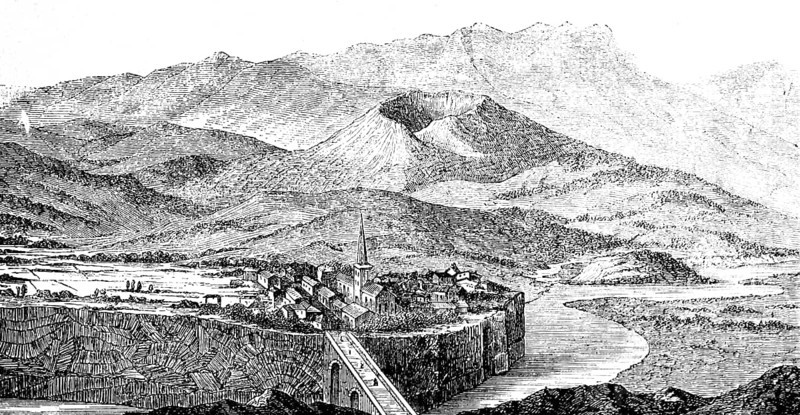 Volcanic boiler with basaltic lava from Jaujac on the Lignon, stratovolcano, volcanic cone, geology, mountain landscape, stone bridge, town with church, Ardèche department, France, historical illustration around 1900