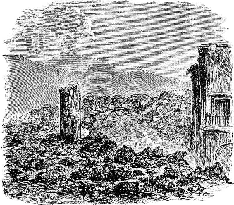 Houses buried by the lava of the Vesuvius volcano, smoke, eruption, lava flow, natural disaster, geology, Gulf of Naples, Campania, Italy, travel, historical illustration around 1900