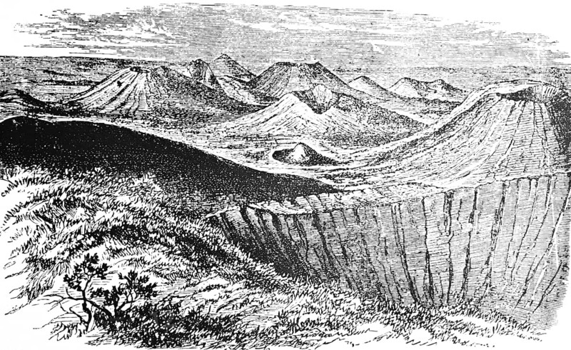 Volcanic craters and tuff cones in Auvergne, stratovolcanoes, stratovolcanoes, main craters, secondary craters, cinder cones, tuff, natural landscape, France, travel, historical illustration around 1900