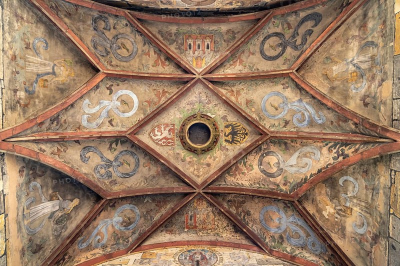 Coat of arms on the Gothic Old Town Bridge Tower in Prague, Czech Republic