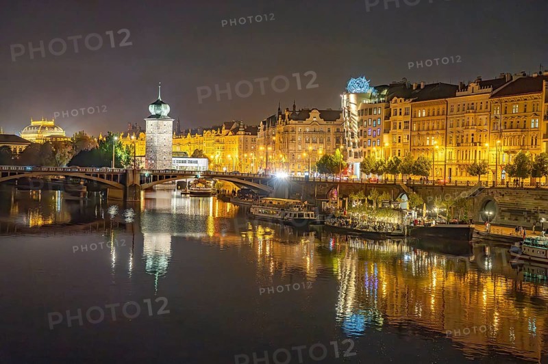 Masaryk Embankment with Sitkov Water Tower at Dusk, Prague, Czech Republic