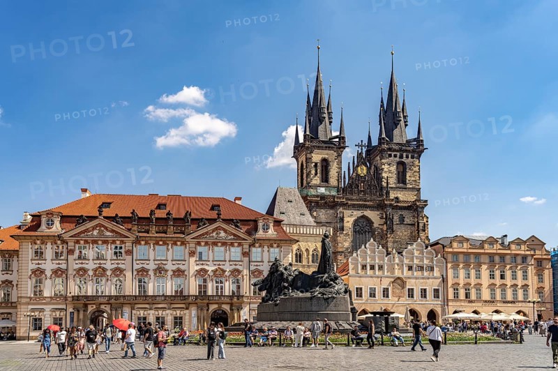 Old Town Square with Jan Hus Memorial and Tyn Church in Prague's Old Town, Prague, Czech Republic