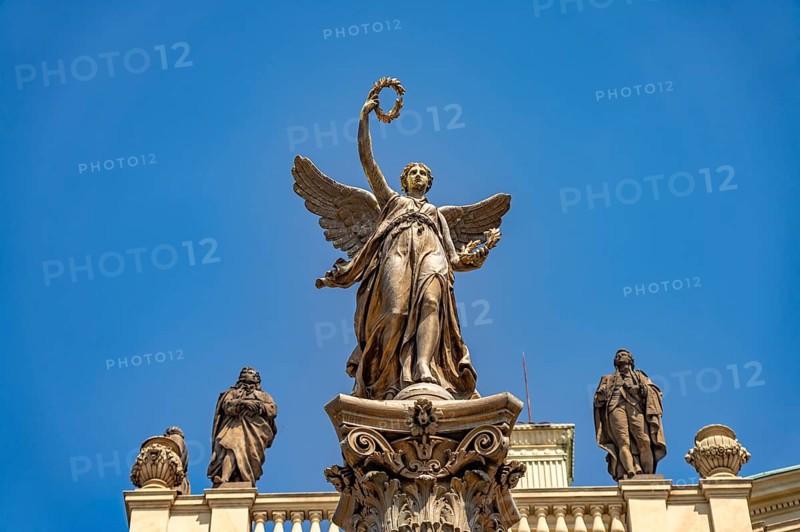 Statue on the Rudolfinum, concert and gallery building of the Czech Philharmonic Orchestra in Prague, Czech Republic