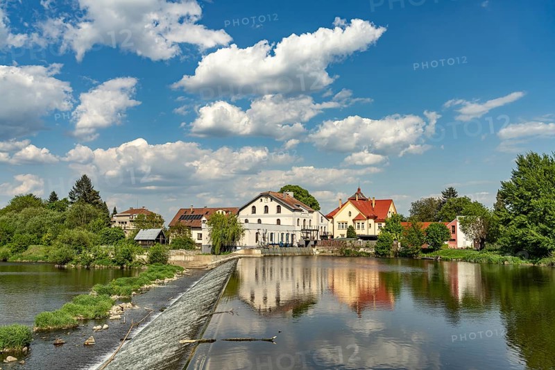 Weir on the Berounka River in Prague, Czech Republic