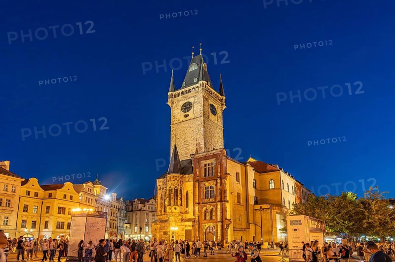 Old Town Hall on Old Town Square at dusk, Prague, Czech Republic
