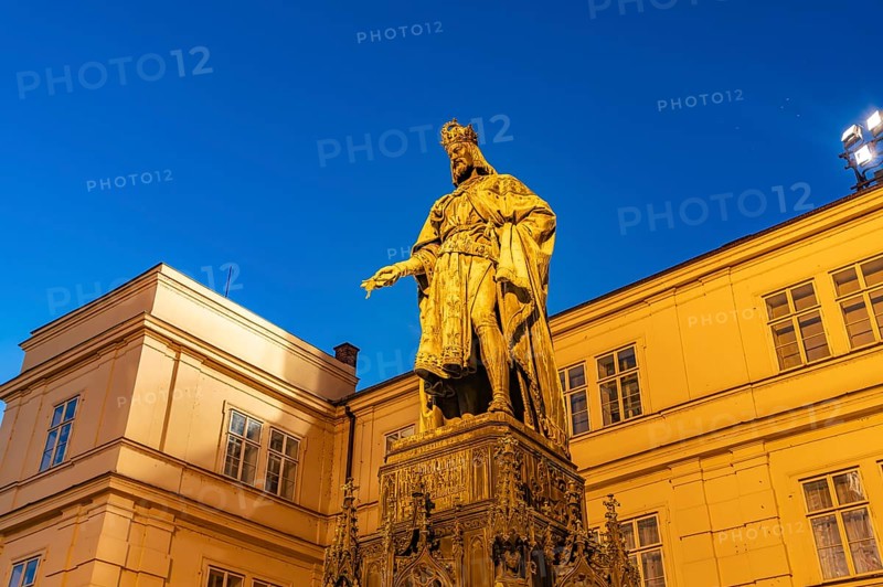 Monument to Emperor Charles IV on Kreuzherrenplatz at dusk, Prague, Czech Republic