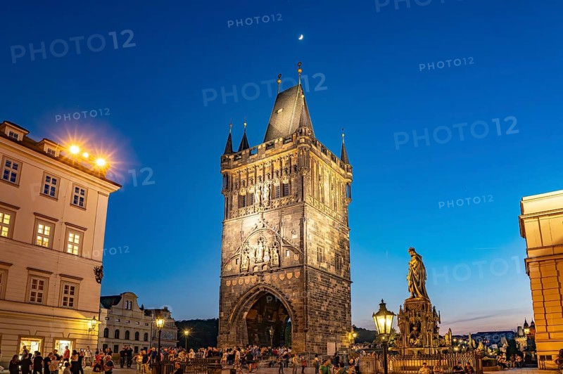 The Gothic Old Town Bridge Tower at dusk, Prague, Czech Republic