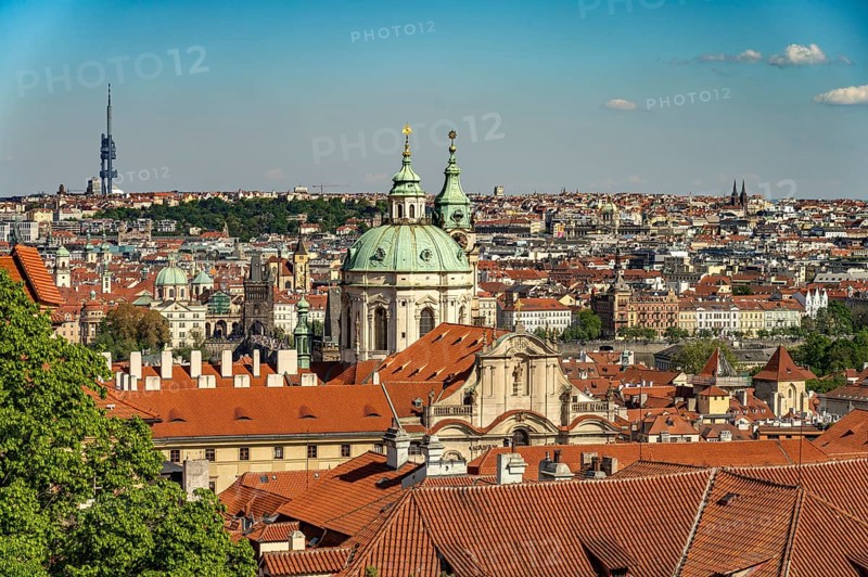 Old Town, Vltava and St. Nicholas on Malá Strana seen from above, Prague, Czech Republic
