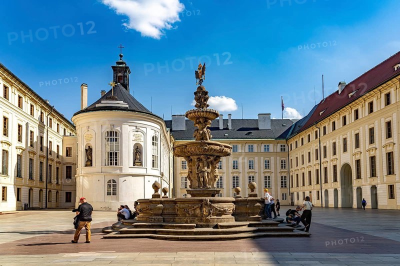 The Second castle yard with Cabbage Fountain and Holy Cross Chapel in Prague Castle, Prague, Czech Republic