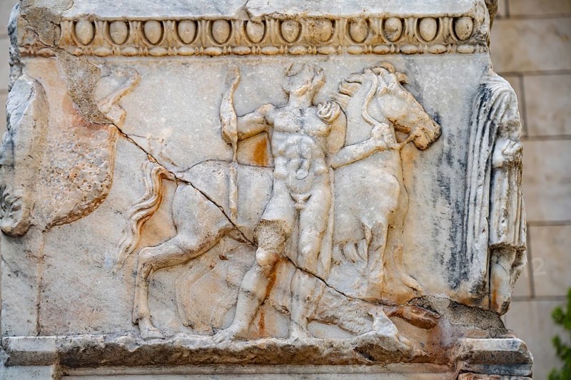 Relief on a sarcophagus at the Delphi Archaeological Museum, UNESCO World Heritage Site in Delphi, Greece