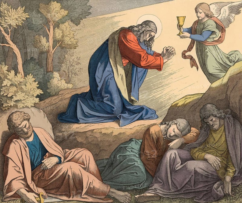 Biblical story, Jesus experiences his fear of death on the Mount of Olives in the Garden of Gethsemane just in front of he was captured, illustration, reproduction from a 19th-century model. Authentic, file restored for optimal use, exact date of submission unknown, historical