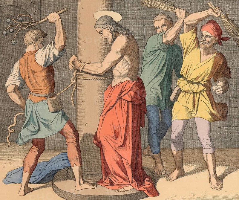 Biblical story, Jesus is scourged, the Roman flagellation was a painful and degrading procedure. Jesus was tied to a pillar and scourged with a flagrum, illustration, reproduction from a 19th-century model. Authentic, file restored for optimal use, exact date of submission unknown, historical
