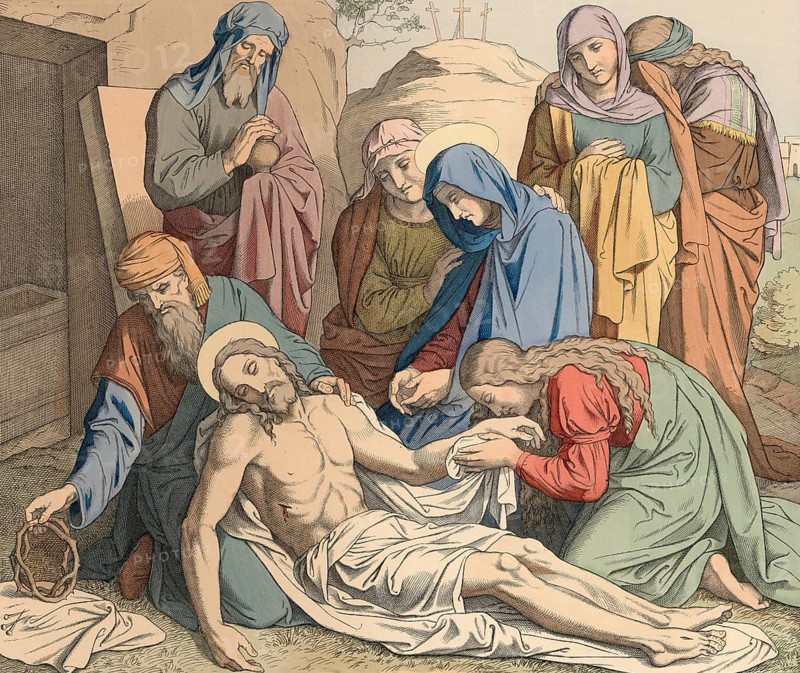 Biblical story, Jesus is laid in the grave, according to Christian tradition, Jesus was rescued after his death by Joseph of Arimathea, wrapped in a linen cloth and buried in a rock grave that Joseph had prepared for himself, illustration, reproduction from a 19th-century model. Authentic, file restored for optimal use, exact date of submission unknown, historical