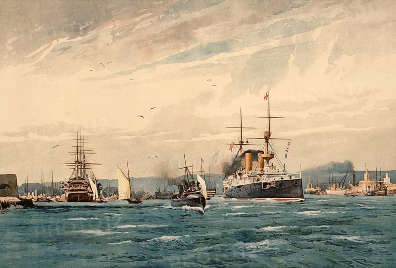 Port of Portsmouth, England, around 1900, based on a painting by Thomas Nelson, illustration, reproduction from a 19th century model. Authentic, file restored for optimal use, exact date of submission unknown, historical