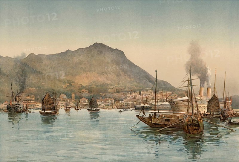 Hong Kong, ships in front of the harbor, around 1900, based on a painting by Thomas Nelson, illustration, reproduction from a 19th century model. Authentic, file restored for optimal use, exact date of submission unknown, historical