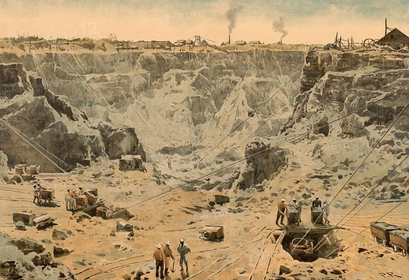 Diamond mine in Kimberley, South Africa, around 1900, based on a painting by Thomas Nelson, illustration, reproduction from a 19th century model. Authentic, file restored for optimal use, exact date of submission unknown, historical