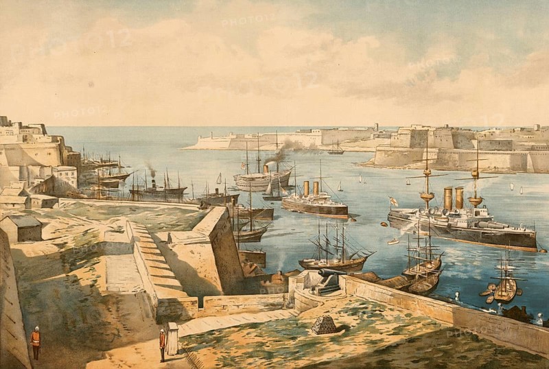 Port of Valetta, Malta, around 1900, based on a painting by Thomas Nelson, illustration, reproduction from a 19th century model. Authentic, file restored for optimal use, exact date of submission unknown, historical