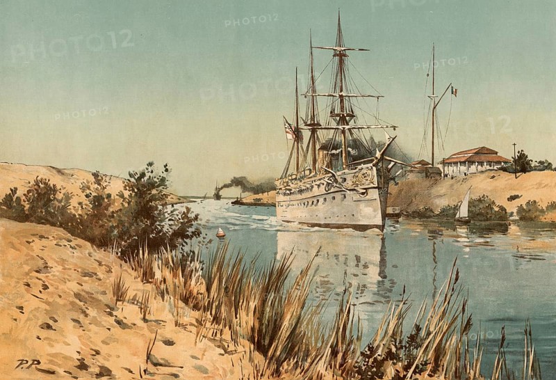 Suez Canal, Suez Canal, a warship passing through, Egypt, around 1900, after a painting by Thomas Nelson, illustration, reproduction from a 19th century model. Authentic, file restored for optimal use, exact date of submission unknown, historical