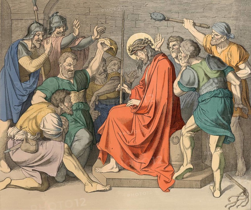 Biblical story, Jesus is crowned with thorns, crown of thorns, biblical episode in which Roman soldiers imposed a crown of thorns on Jesus as a mockery in front of he was crucified., illustration, reproduction from a 19th-century model. Authentic, file restored for optimal use, exact date of submission unknown, historical