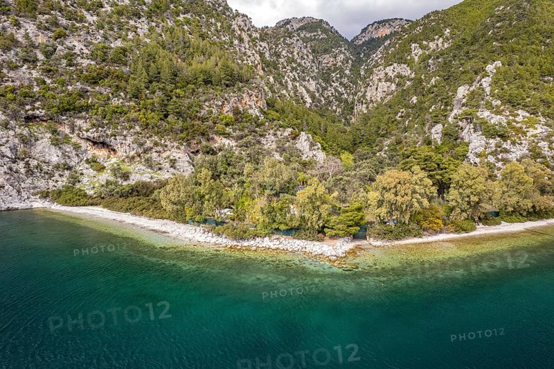 Beach and landscape near Dafni on the island of Euboea or Evia seen from the air, Greece