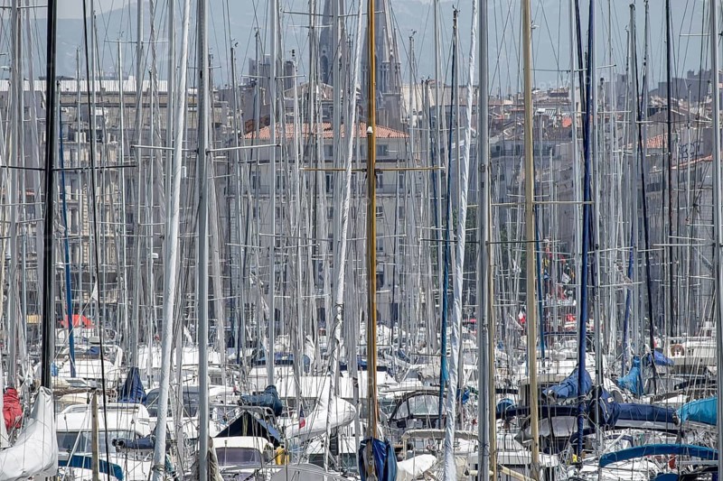 Sailboats anchor in the Old Port, Marseille, Bouches-du-Rhône departments, Provence-Alpes-Côte d'Azur region, France