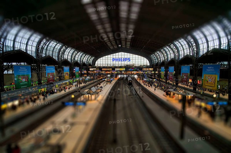 Interior view, trains, tracks, Philipps, logo, platform, traveler, advertising, thumbnail view, toy view, tilt-shift effect, central station, Free and Hanseatic City of Hamburg, Germany