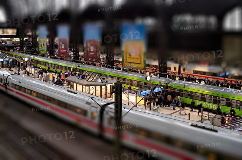 Interior view, ICE, Intercity Express, Flixtrain, RE, Regional-Express, trains, tracks, platform, travelers, advertising, thumbnail view, toy view, tilt-shift effect, central railway station, Free and Hanseatic City of Hamburg, Germany