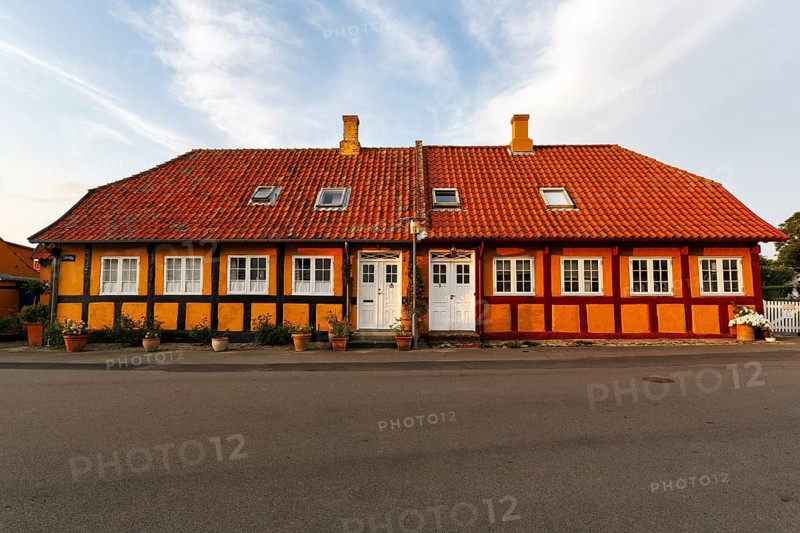 Typical colorful half-timbered house, Gudhjem, Bornholm, Baltic Sea, Denmark