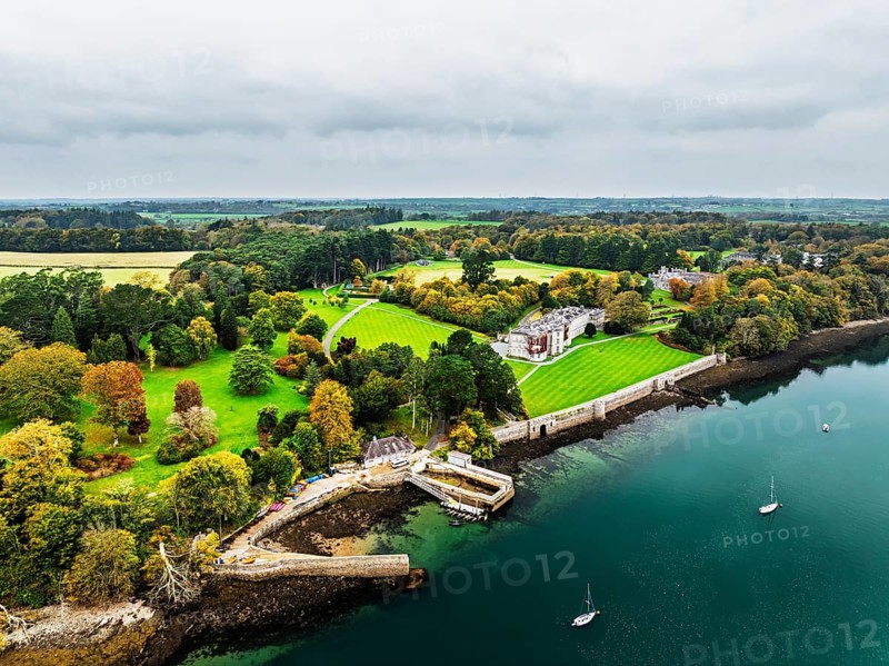 Autumn over Plas Newydd House from a drone, Gardens and Parkland, Llanfairpwllgwyngyll, Anglesey, Wales, UK